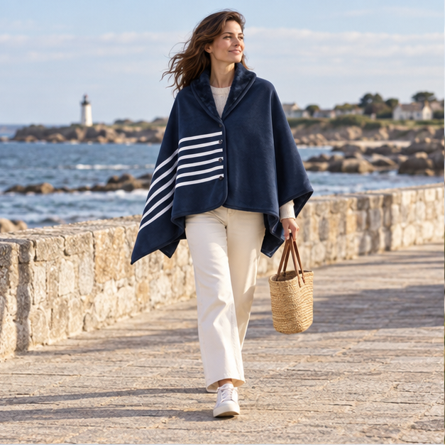 Cape Poncho Bleu Marine – Bleu Marine / Adulte, en situation sur la côte Atlantique