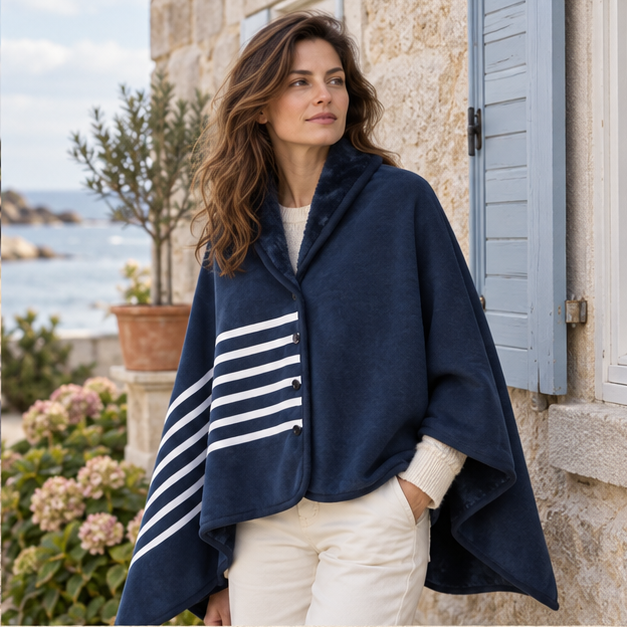 Cape Poncho Bleu Marine – Bleu Marine / Adulte, dans un intérieur côtier lumineux