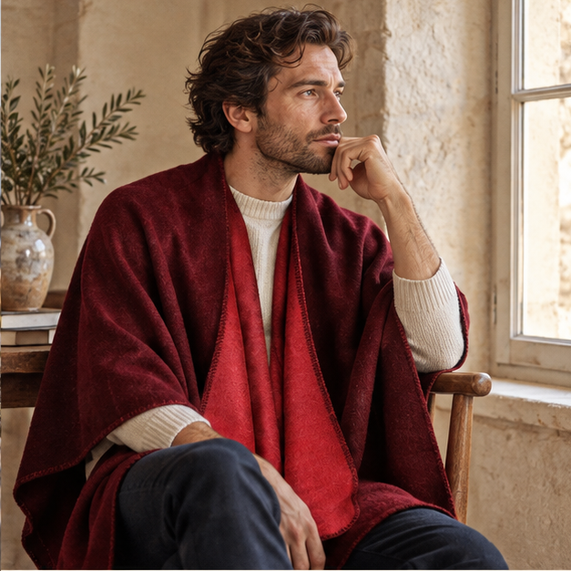 Cape Poncho Bordeaux – Bordeaux / Adulte, dans un intérieur côtier lumineux
