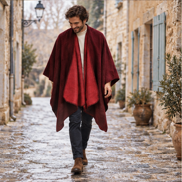 Cape Poncho Bordeaux – Bordeaux / Adulte, porté en mouvement au bord de l’océan