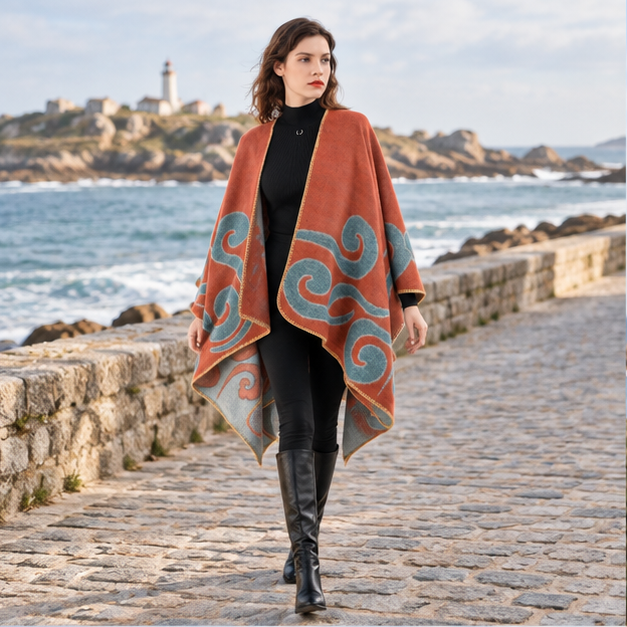 Cape Poncho Cachemire – Orange / Adulte, en situation sur la côte Atlantique
