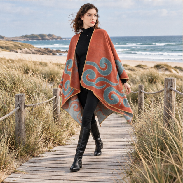 Cape Poncho Cachemire – Orange / Adulte, porté en mouvement au bord de l’océan