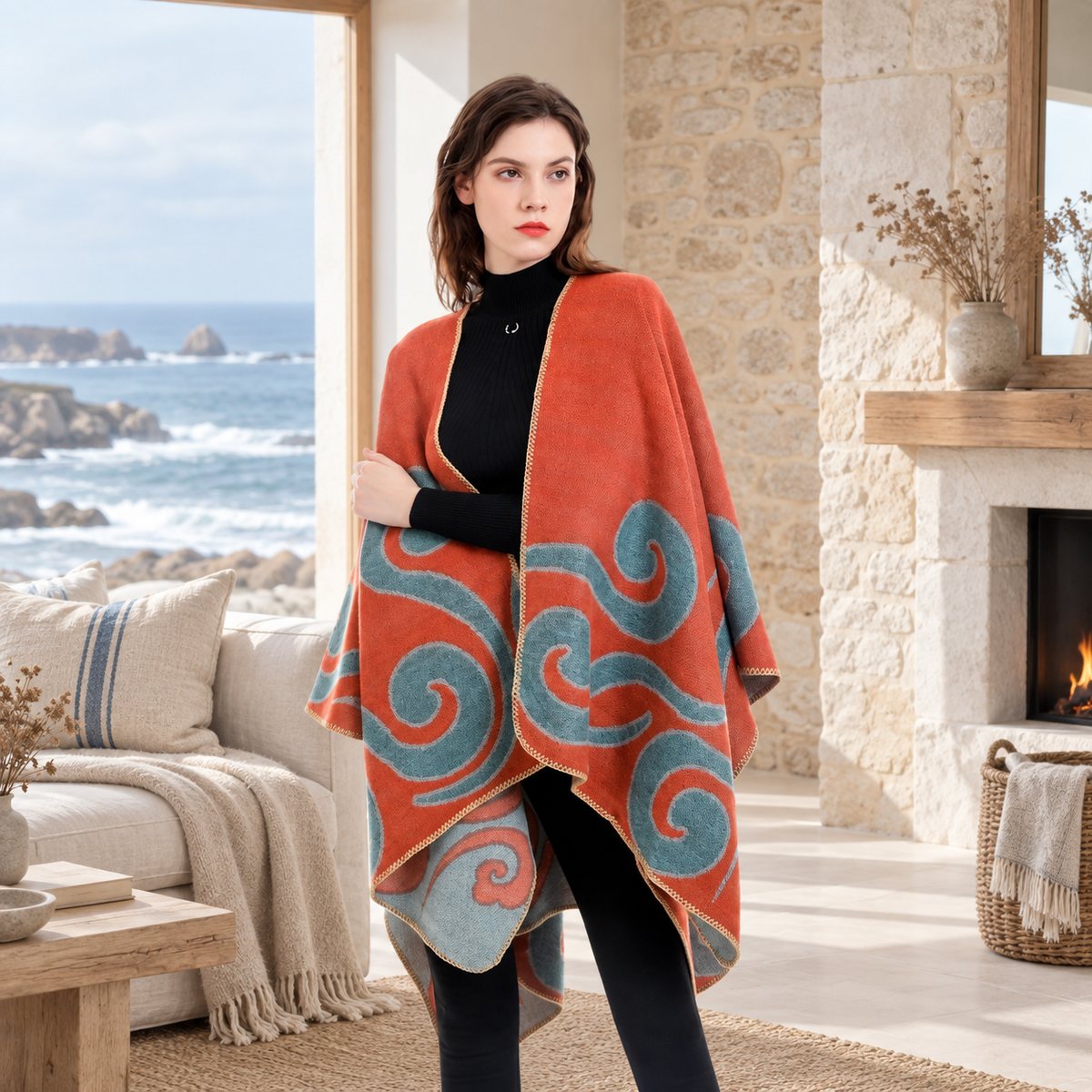 Cape Poncho Cachemire – Orange / Adulte, visuel principal lifestyle