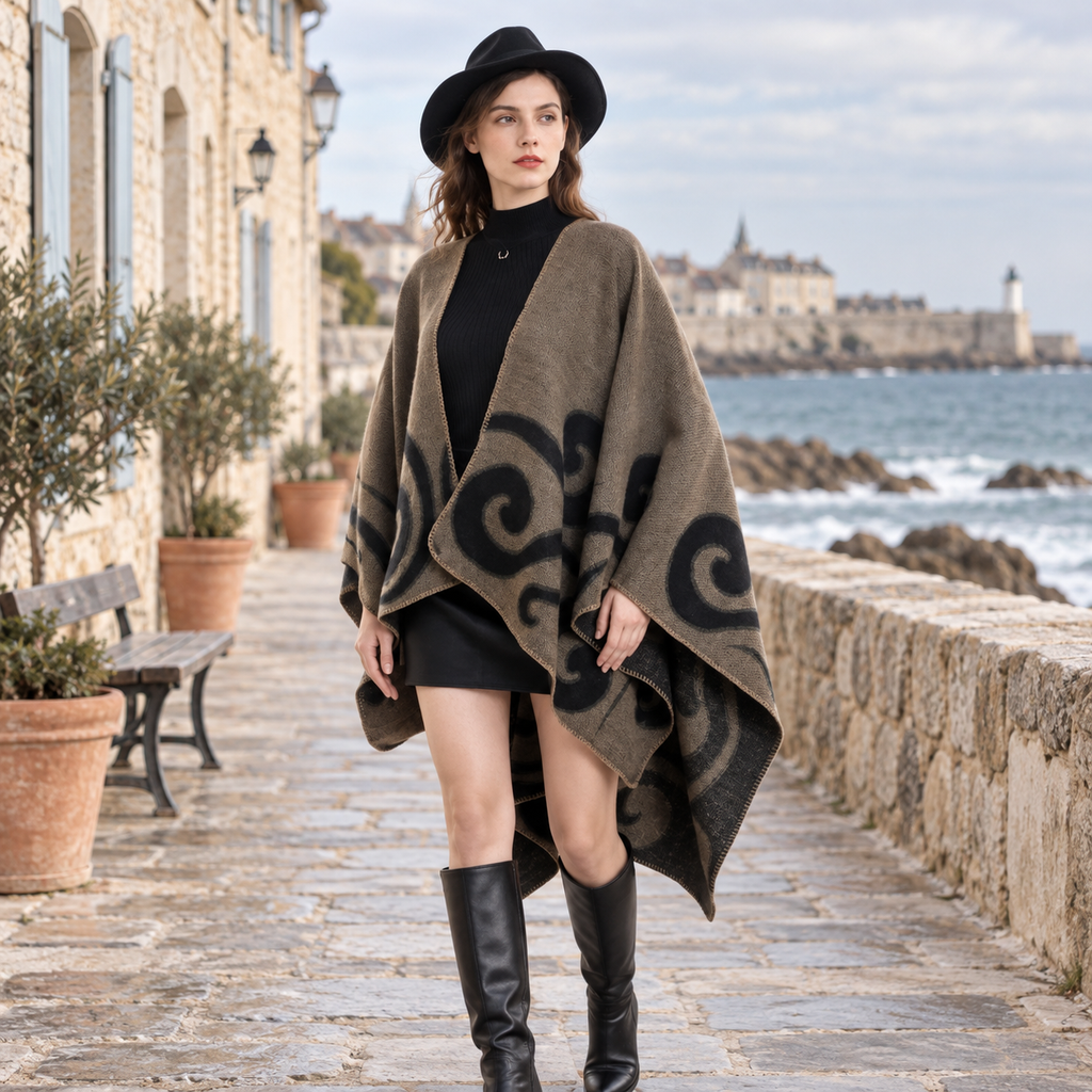 Cape Poncho Cachemire – Kaki / Adulte, en situation sur la côte Atlantique