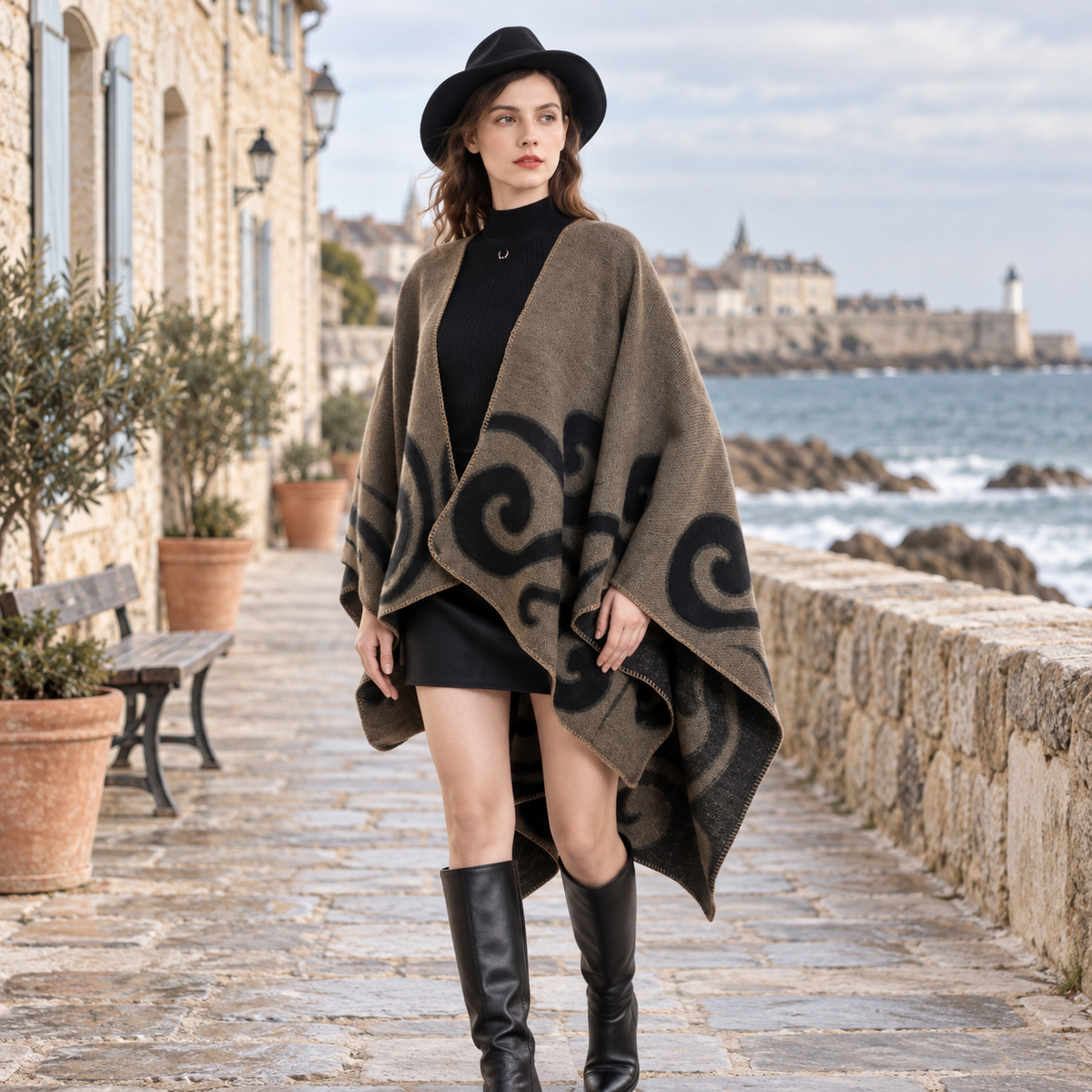 Cape Poncho Cachemire – Kaki / Adulte, en situation sur la côte Atlantique