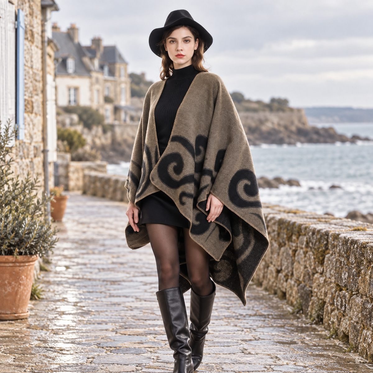 Cape Poncho Cachemire – Kaki / Adulte, porté en mouvement au bord de l’océan
