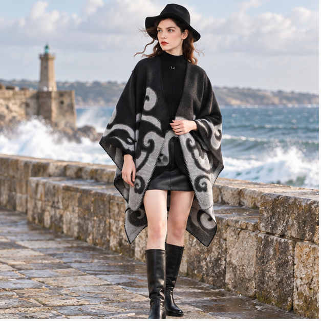 Cape Poncho Cachemire – Noir / Adulte, en situation sur la côte Atlantique