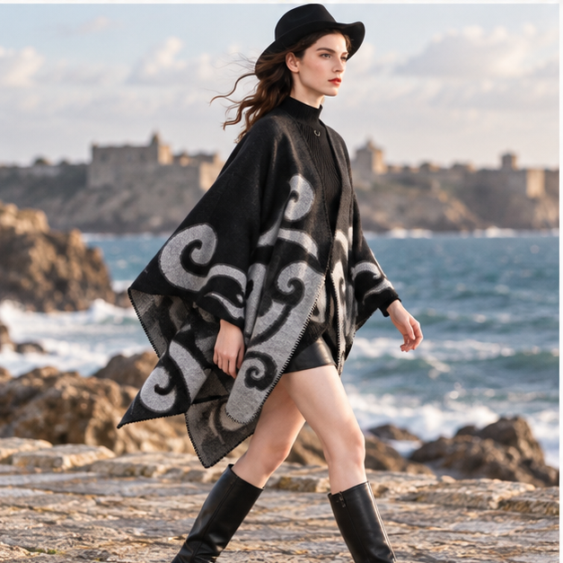 Cape Poncho Cachemire – Noir / Adulte, porté en mouvement au bord de l’océan