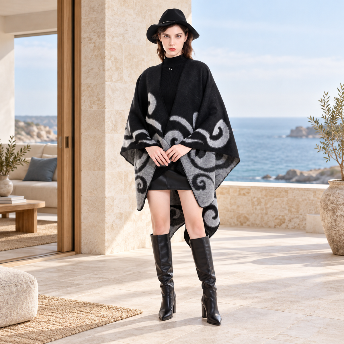 Cape Poncho Cachemire – Noir / Adulte, visuel principal lifestyle