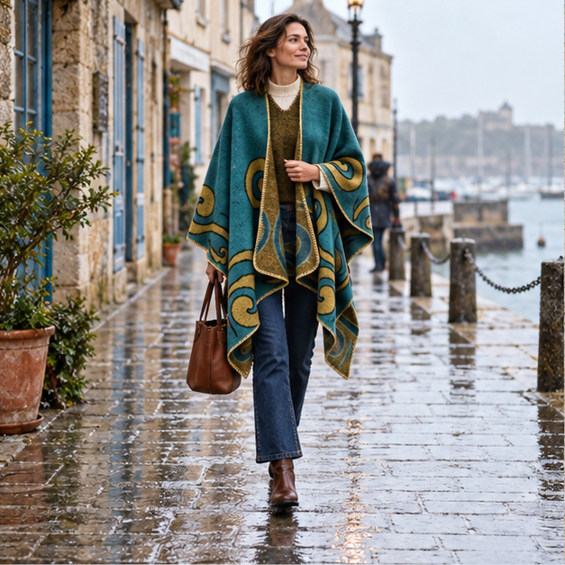 Cape Poncho Cachemire – Turquoise / Adulte, en situation sur la côte Atlantique
