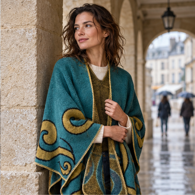 Cape Poncho Cachemire – Turquoise / Adulte, dans un intérieur côtier lumineux