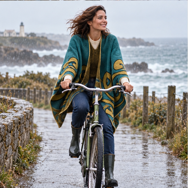 Cape Poncho Cachemire – Turquoise / Adulte, porté en mouvement au bord de l’océan