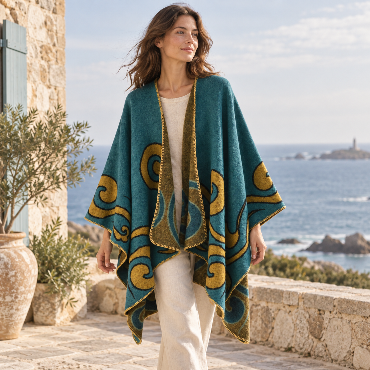Cape Poncho Cachemire – Turquoise / Adulte, visuel principal lifestyle
