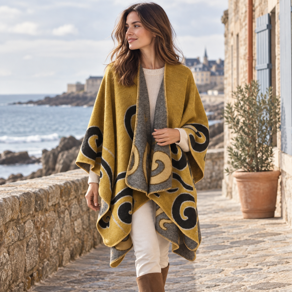 Cape Poncho Cachemire – Jaune / Adulte, en situation sur la côte Atlantique