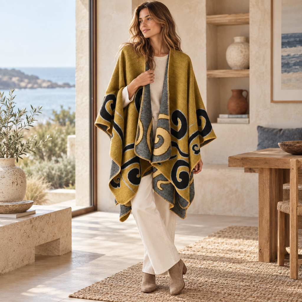 Cape Poncho Cachemire – Jaune / Adulte, dans un intérieur côtier lumineux