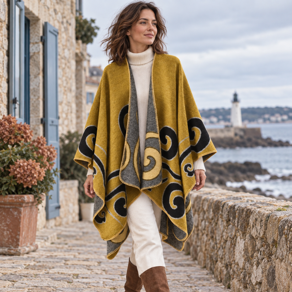 Cape Poncho Cachemire – Jaune / Adulte, porté en mouvement au bord de l’océan