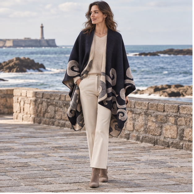Cape Poncho Cachemire – Bleu Marine / Adulte, en situation sur la côte Atlantique