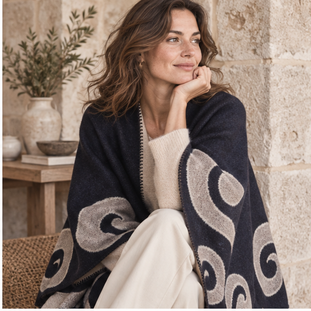 Cape Poncho Cachemire – Bleu Marine / Adulte, dans un intérieur côtier lumineux