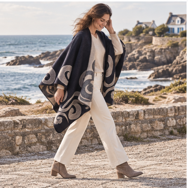 Cape Poncho Cachemire – Bleu Marine / Adulte, porté en mouvement au bord de l’océan