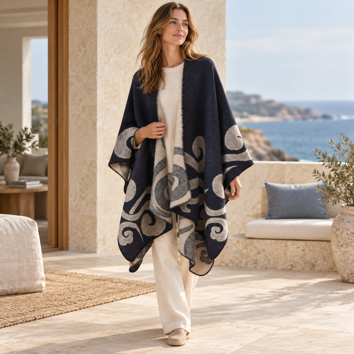 Cape Poncho Cachemire – Bleu Marine / Adulte, visuel principal lifestyle