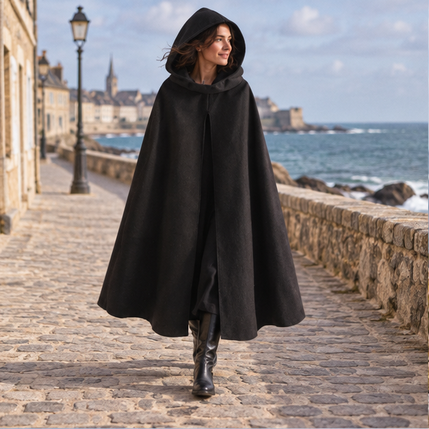 Cape Poncho Capuche – Noir / S, Noir / M, Noir / L, en situation sur la côte Atlantique