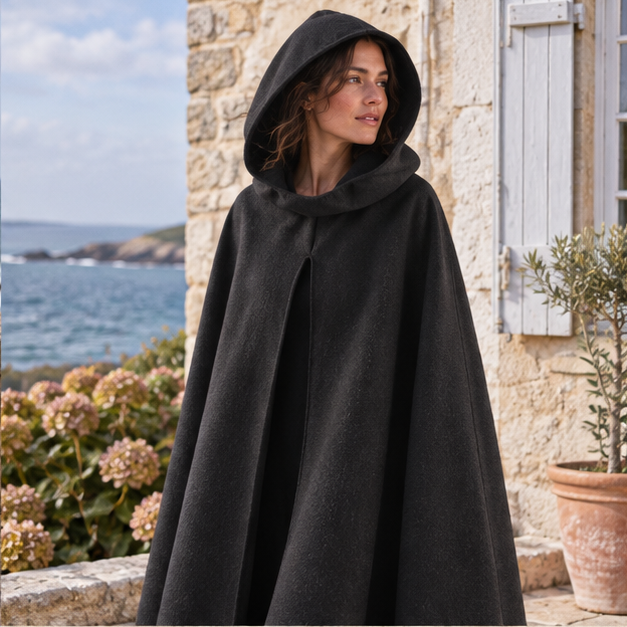 Cape Poncho Capuche – Noir / S, Noir / M, Noir / L, dans un intérieur côtier lumineux
