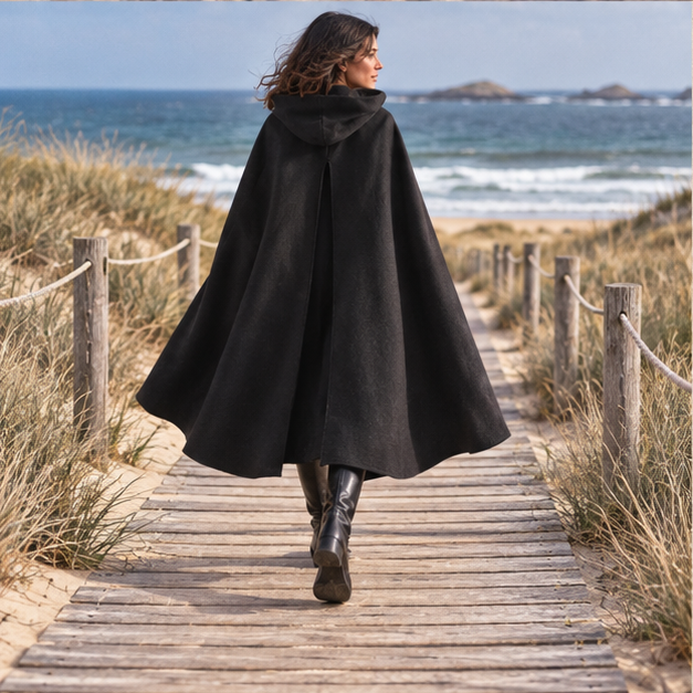 Cape Poncho Capuche – Noir / S, Noir / M, Noir / L, porté en mouvement au bord de l’océan