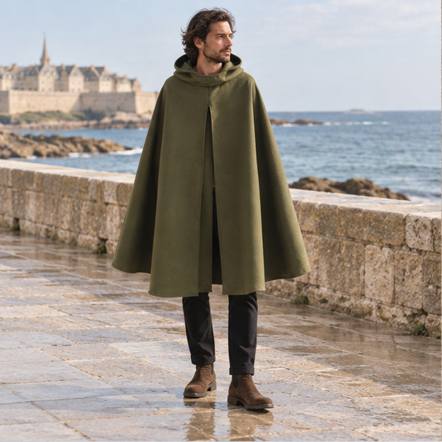 Cape Poncho Capuche – Kaki / S, Kaki / M, Kaki / L, en situation sur la côte Atlantique