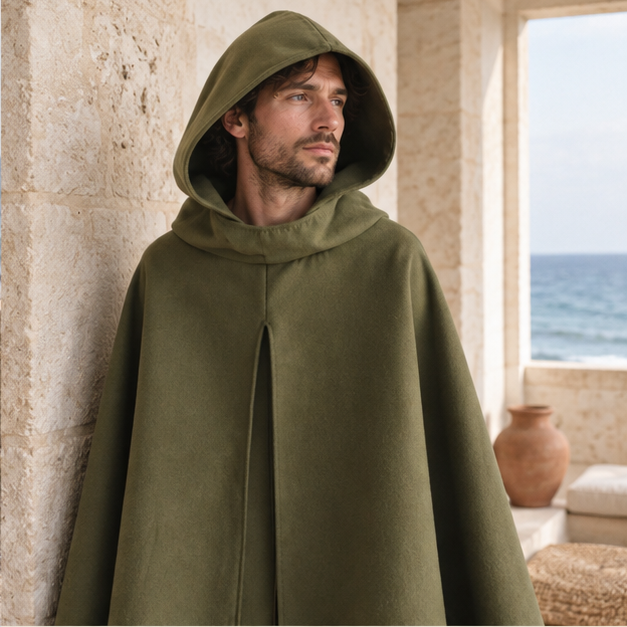 Cape Poncho Capuche – Kaki / S, Kaki / M, Kaki / L, dans un intérieur côtier lumineux