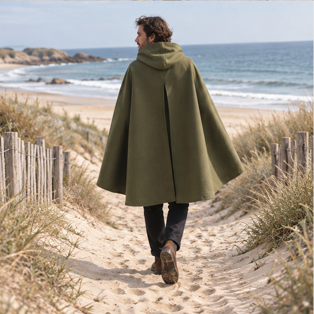 Cape Poncho Capuche – Kaki / S, Kaki / M, Kaki / L, porté en mouvement au bord de l’océan