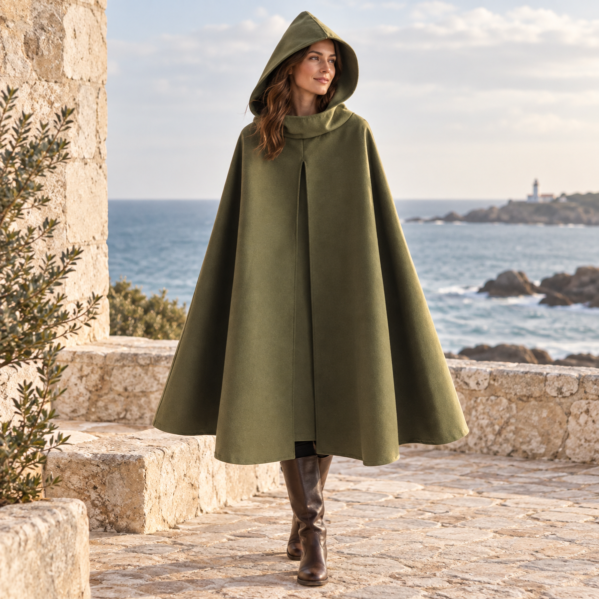 Cape Poncho Capuche – Kaki / S, Kaki / M, Kaki / L, visuel principal lifestyle