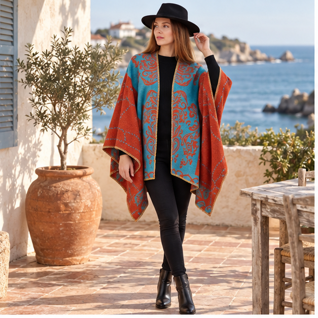 Cape Poncho Chaud Femme – Orange / Adulte, en situation sur la côte Atlantique