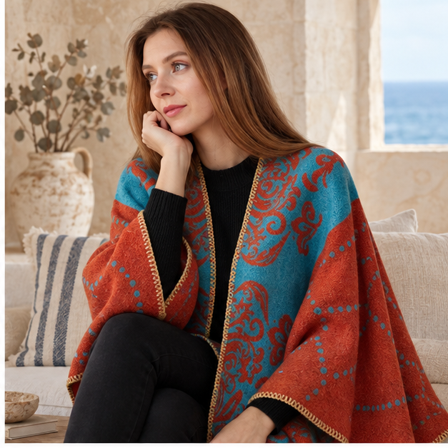 Cape Poncho Chaud Femme – Orange / Adulte, dans un intérieur côtier lumineux