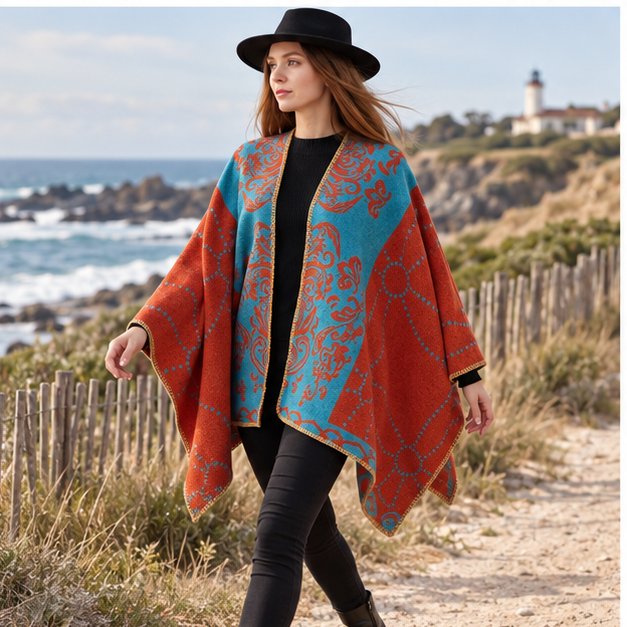 Cape Poncho Chaud Femme – Orange / Adulte, porté en mouvement au bord de l’océan