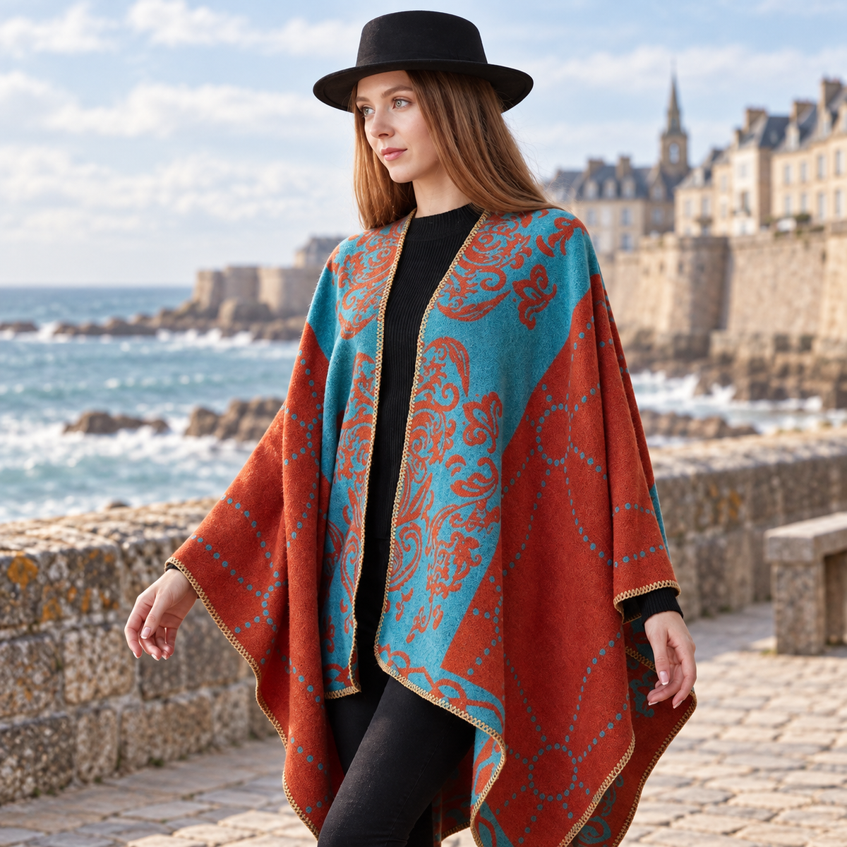 Cape Poncho Chaud Femme – Orange / Adulte, visuel principal lifestyle