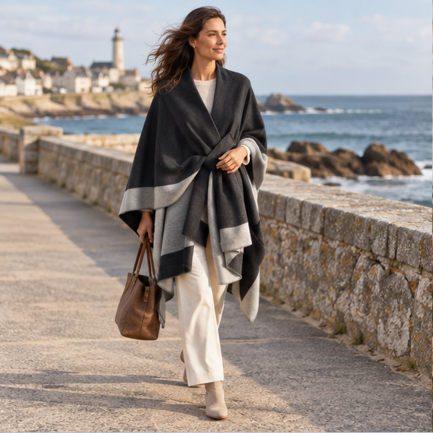 Cape Poncho Femme Chic – Gris / Adulte, en situation sur la côte Atlantique