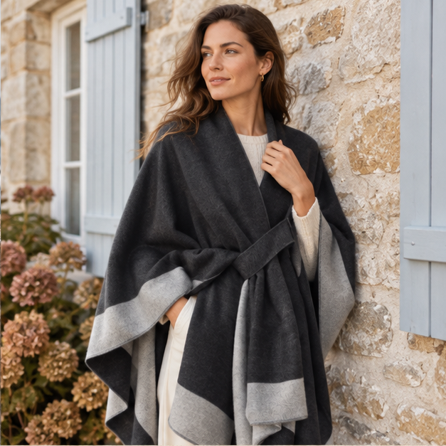 Cape Poncho Femme Chic – Gris / Adulte, dans un intérieur côtier lumineux