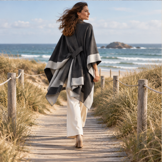 Cape Poncho Femme Chic – Gris / Adulte, porté en mouvement au bord de l’océan