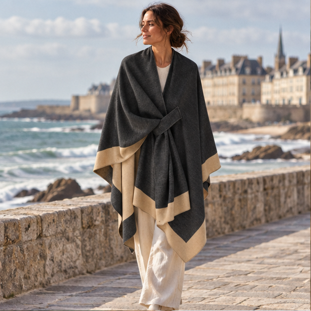 Cape Poncho Femme Chic – Noir / Adulte, en situation sur la côte Atlantique