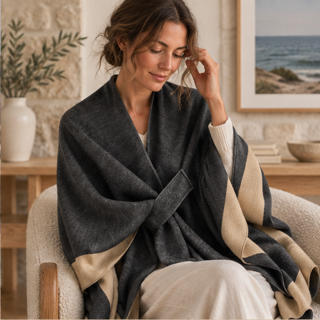 Cape Poncho Femme Chic – Noir / Adulte, dans un intérieur côtier lumineux