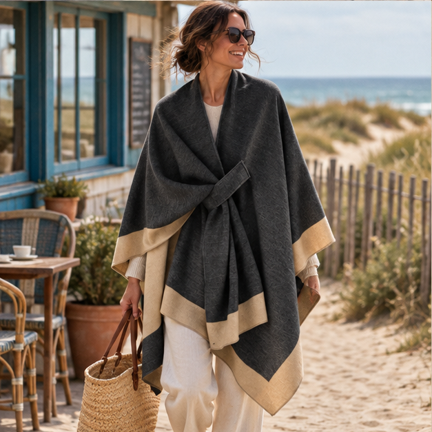 Cape Poncho Femme Chic – Noir / Adulte, porté en mouvement au bord de l’océan