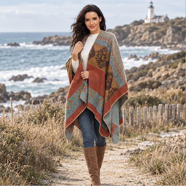 Cape Poncho Femme Ethnique – Orange / Adulte, en situation sur la côte Atlantique
