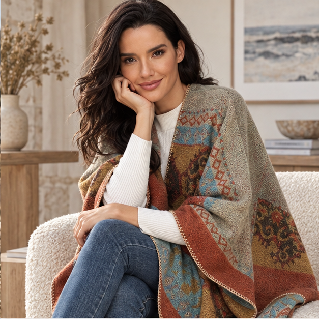 Cape Poncho Femme Ethnique – Orange / Adulte, dans un intérieur côtier lumineux