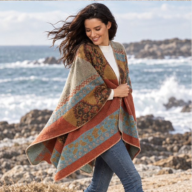 Cape Poncho Femme Ethnique – Orange / Adulte, porté en mouvement au bord de l’océan