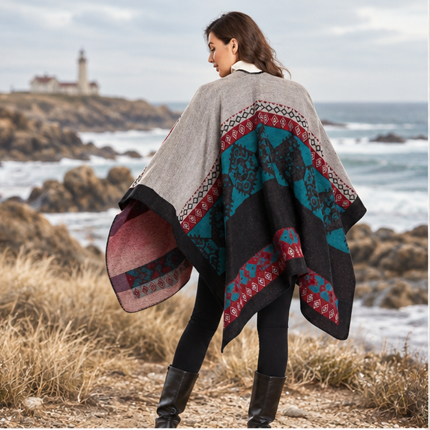 Cape Poncho Femme Ethnique – Rose / Adulte, en situation sur la côte Atlantique
