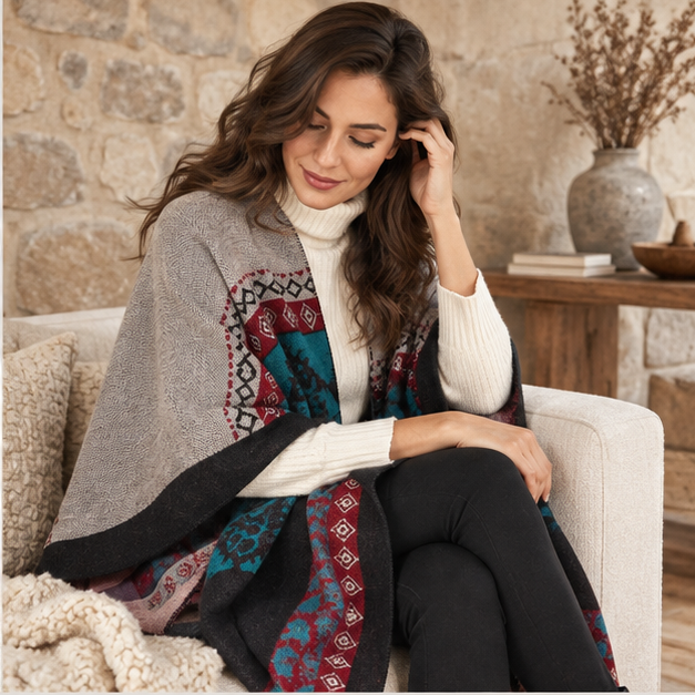 Cape Poncho Femme Ethnique – Rose / Adulte, dans un intérieur côtier lumineux