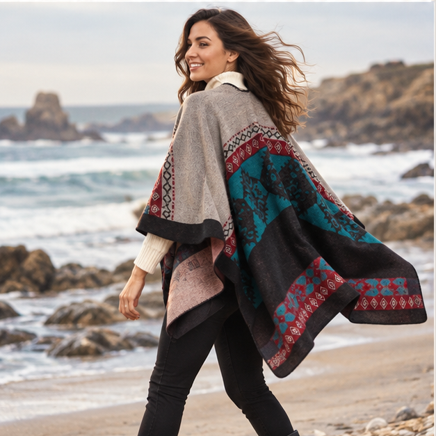 Cape Poncho Femme Ethnique – Rose / Adulte, porté en mouvement au bord de l’océan