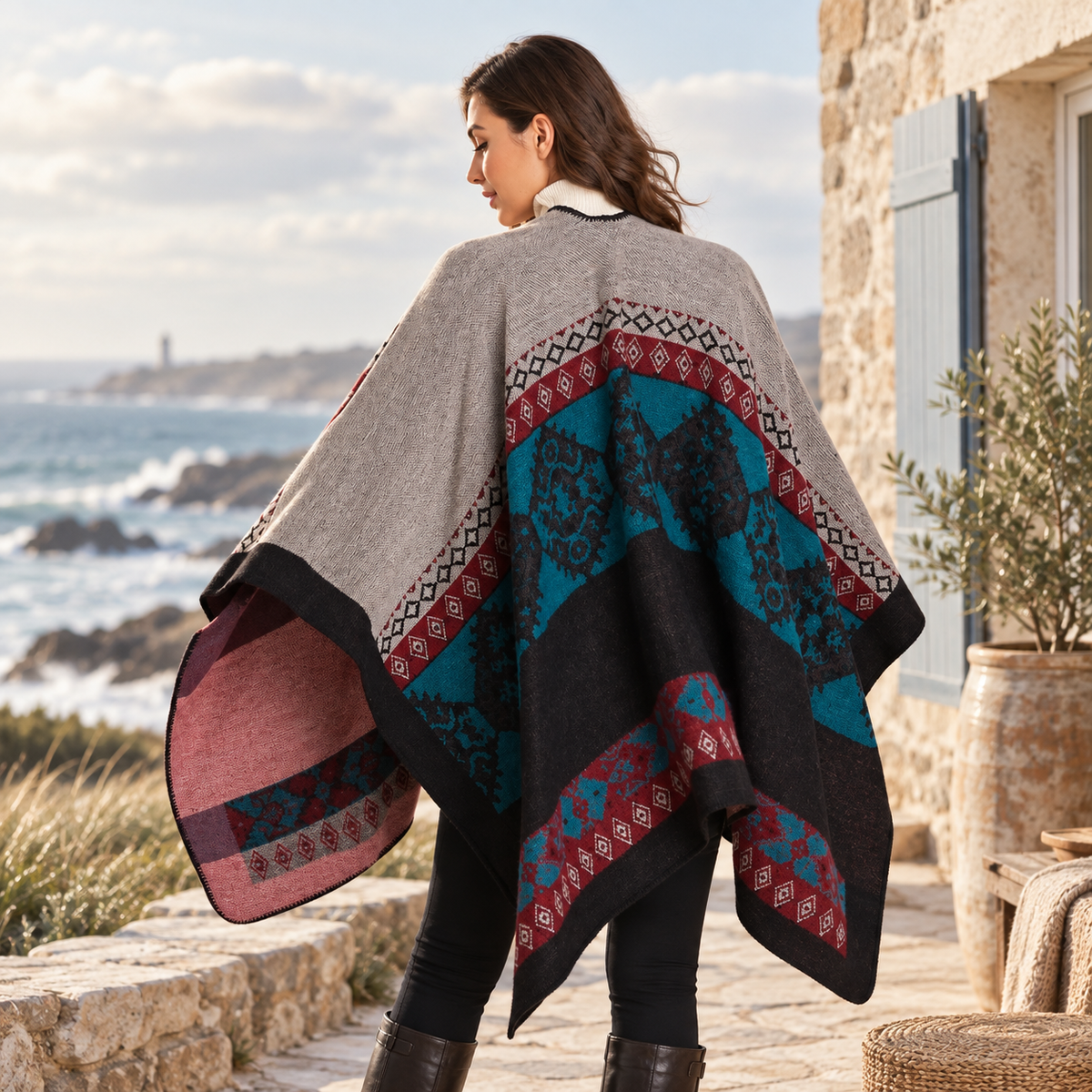 Cape Poncho Femme Ethnique – Rose / Adulte, visuel principal lifestyle