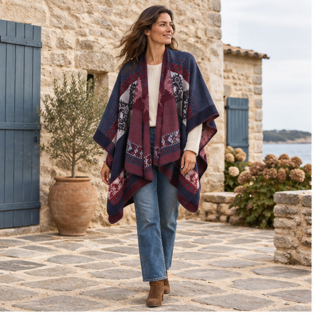 Cape Poncho Femme Ethnique – Bordeaux / Adulte, en situation sur la côte Atlantique