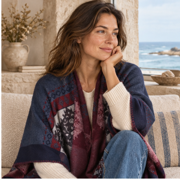 Cape Poncho Femme Ethnique – Bordeaux / Adulte, dans un intérieur côtier lumineux